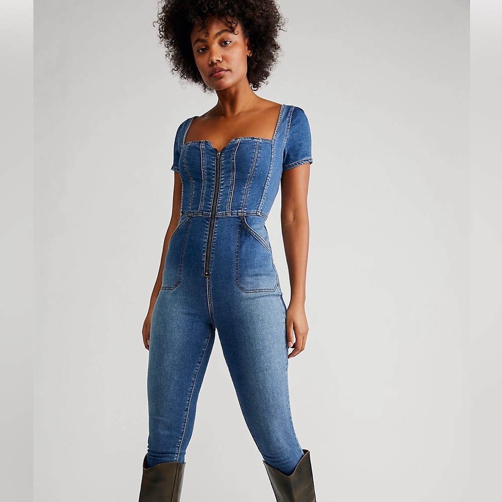 Free People CRVY Selena Slim leg One-Piece Jumpsuit NWT XS MSRP $148 Blue